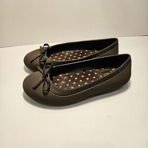 Crocs Women Mammoth Leather Look Brown Ballet Flats Polka Dot Bow Shoes Size 6